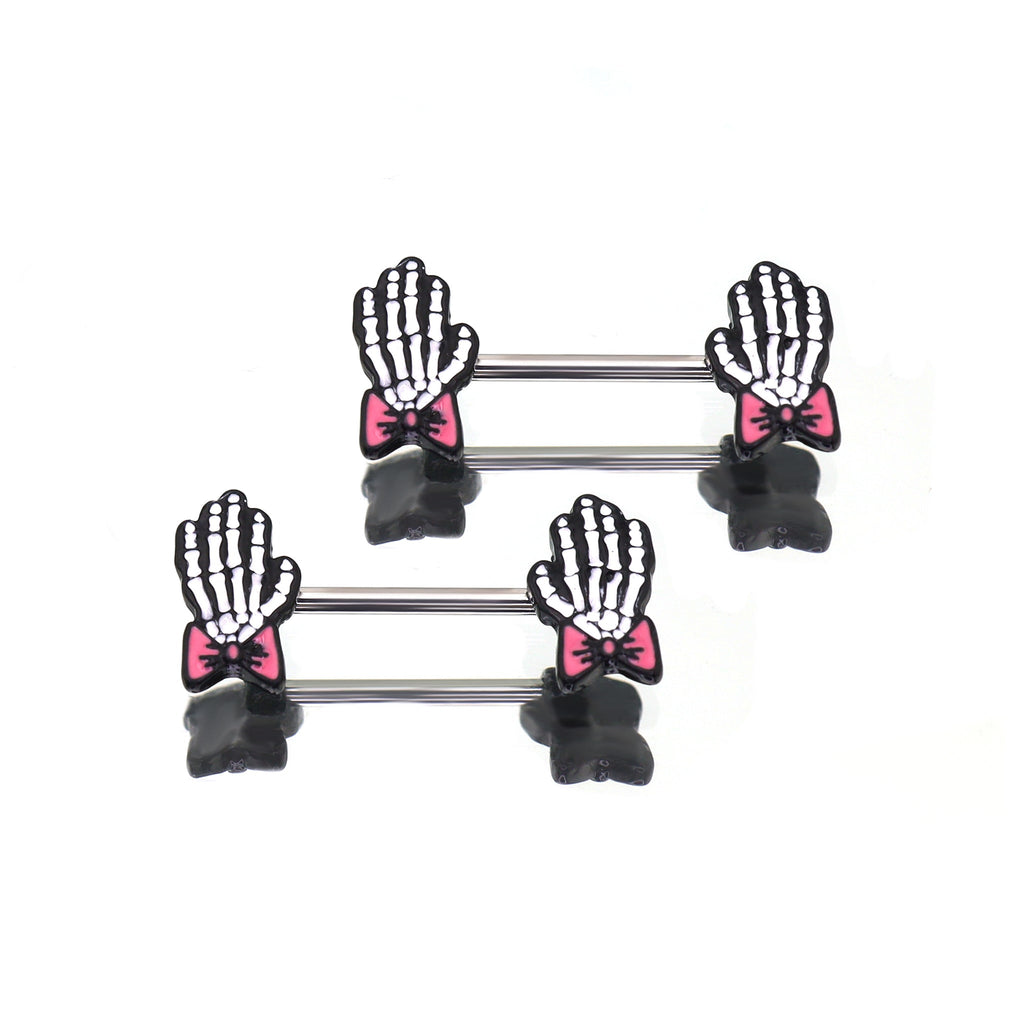 PAIR OF Bow & White Skeleton Hand tainless steel Nipple Rings