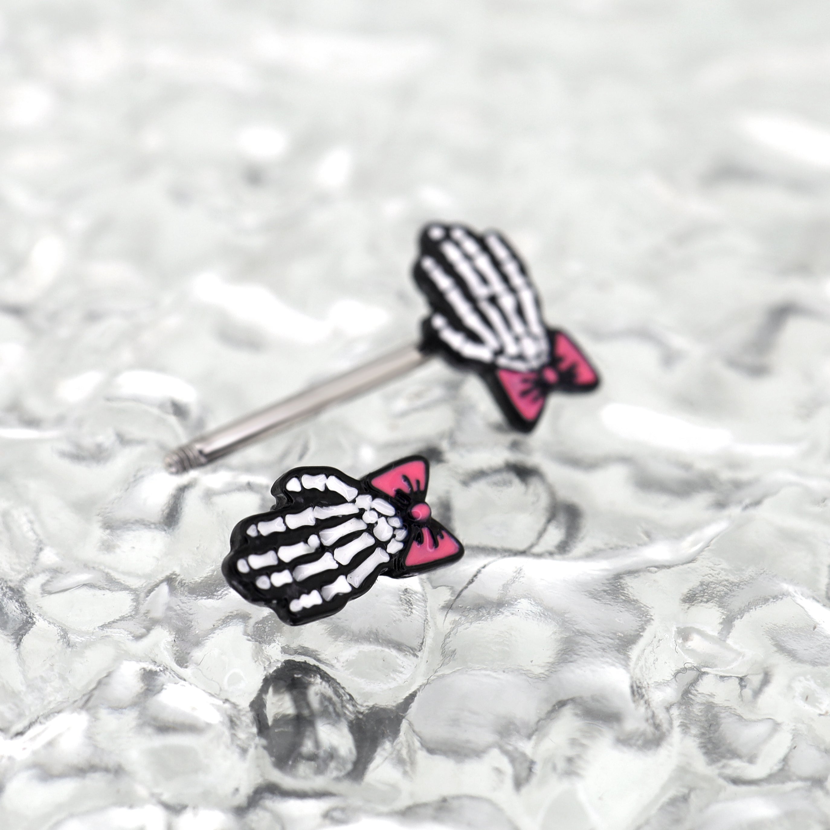 PAIR OF Bow & White Skeleton Hand tainless steel Nipple Rings