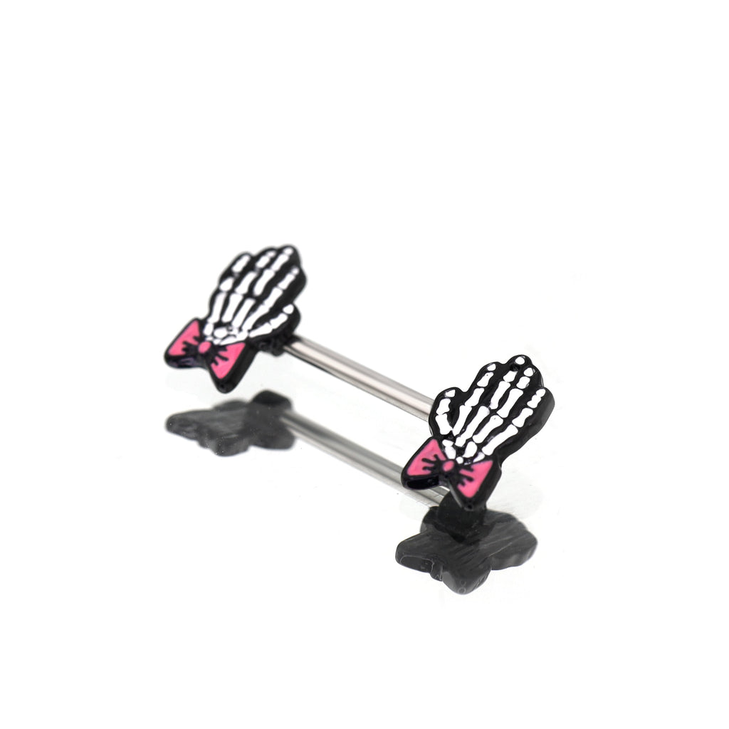 PAIR OF Bow & White Skeleton Hand tainless steel Nipple Rings