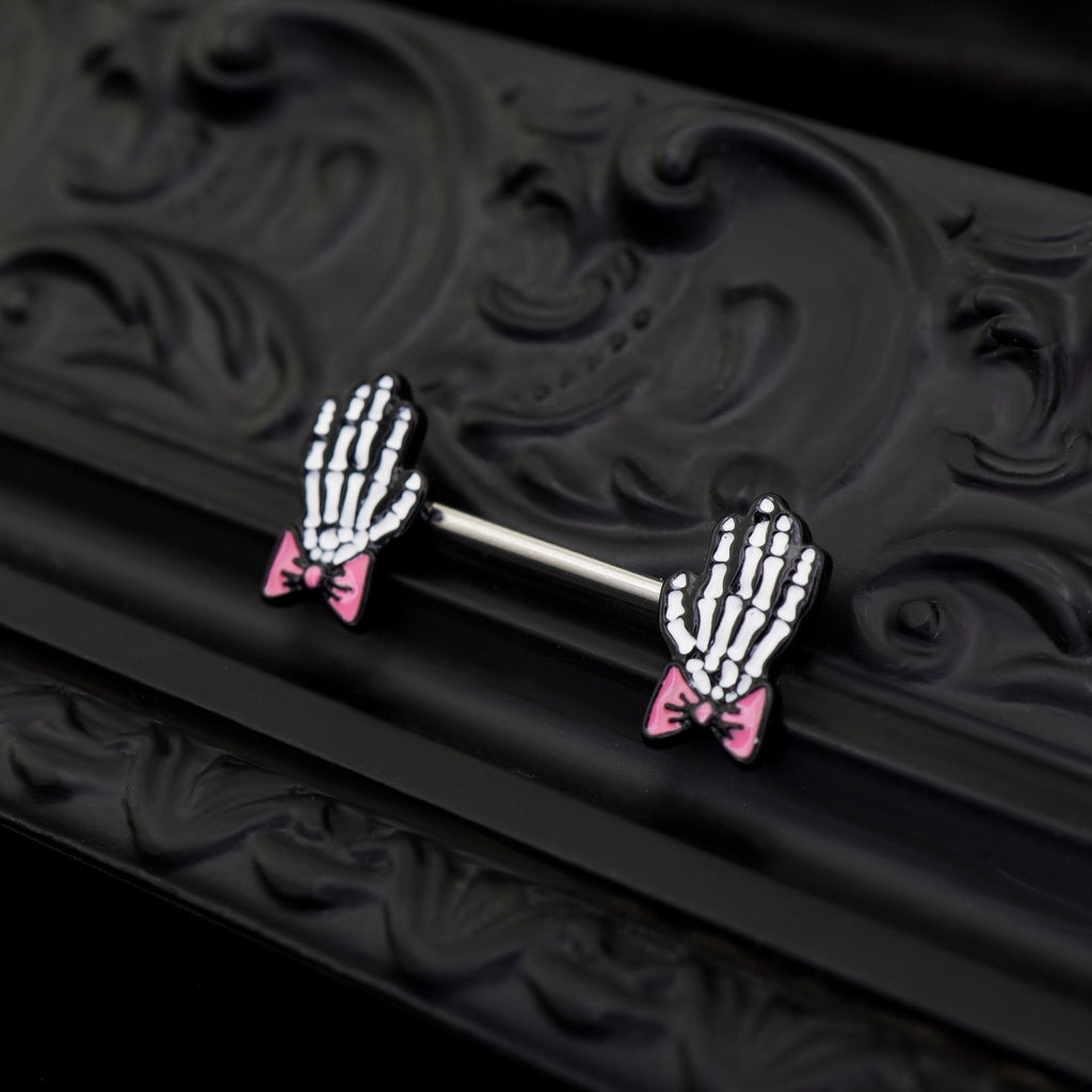 PAIR OF Bow & White Skeleton Hand tainless steel Nipple Rings