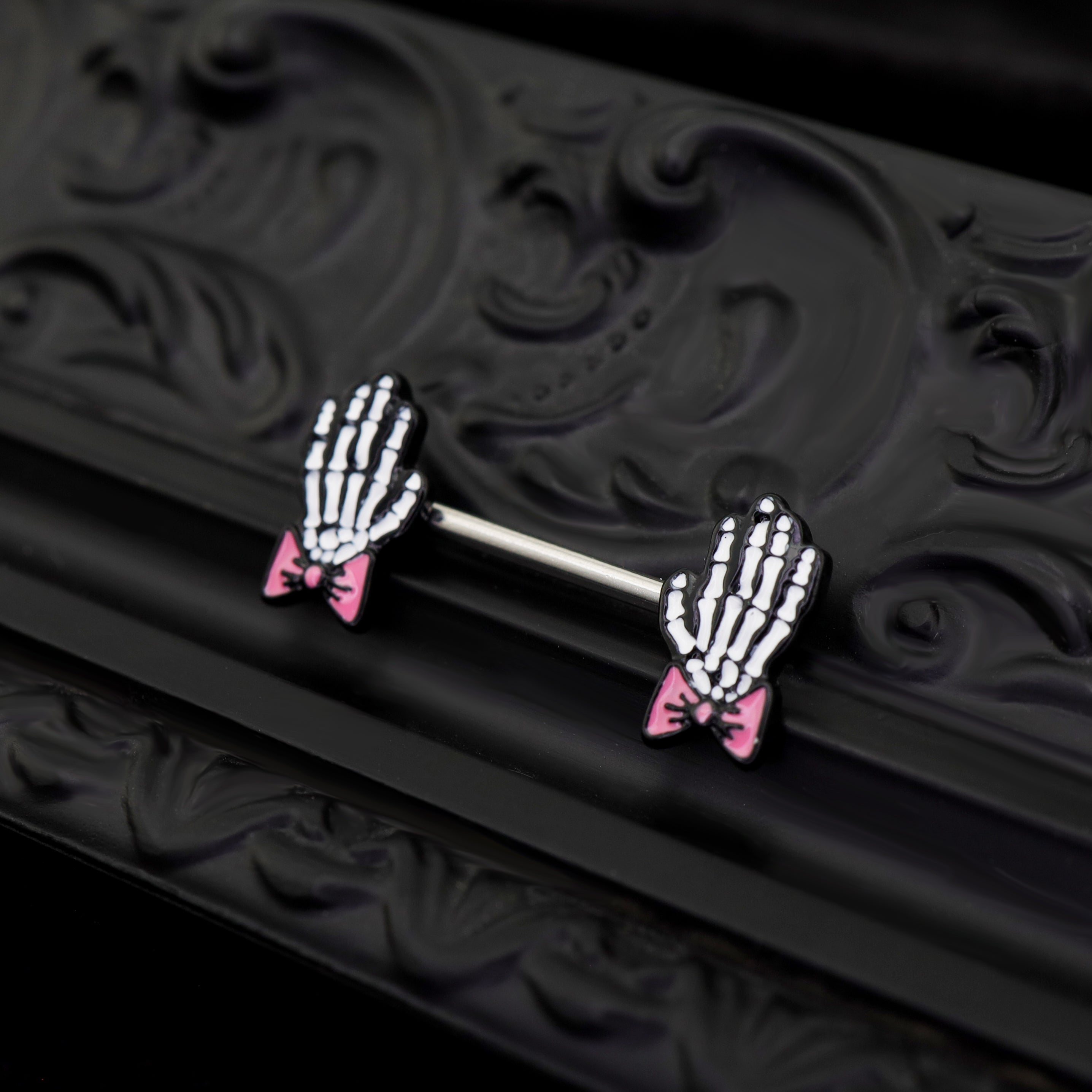 PAIR OF Bow & White Skeleton Hand tainless steel Nipple Rings