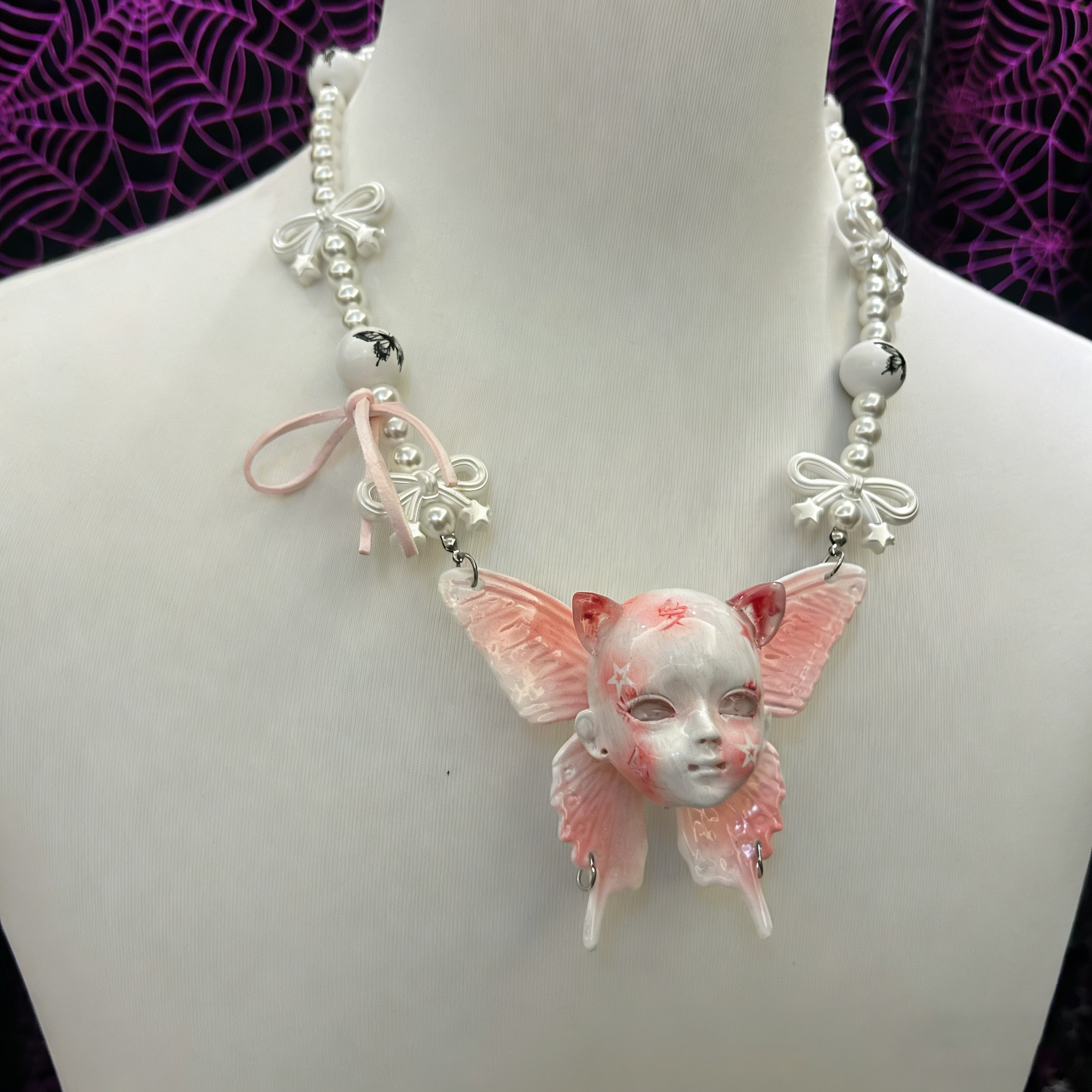 Coquette Pink Butterfly Doll Face Pearl Necklace with Silver Bows & Ribbons