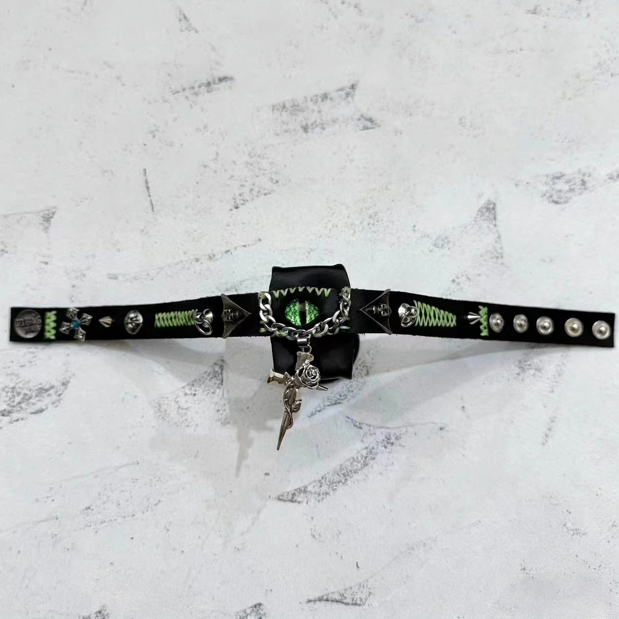 2-in-1 Gothic Black Leather Choker & Wrap Bracelet - Green Dragon Eye Necklace - Gun & Rose Charm - Toxic Punk Style