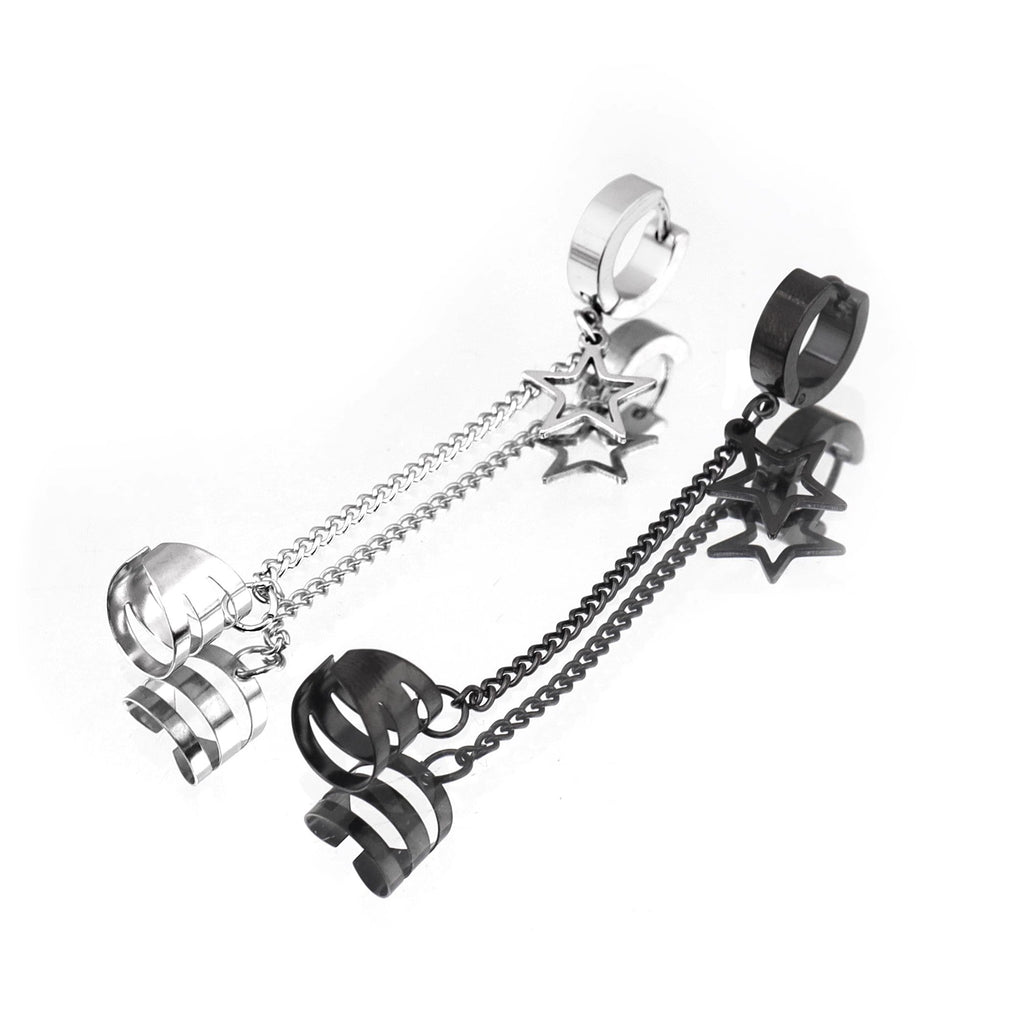 Black & White Chain Pentagram Stainless Steel Ear Clips