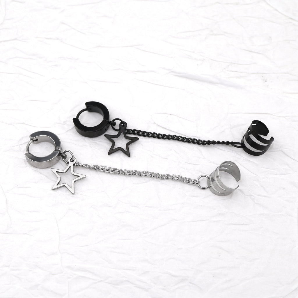 Black & White Chain Pentagram Stainless Steel Ear Clips