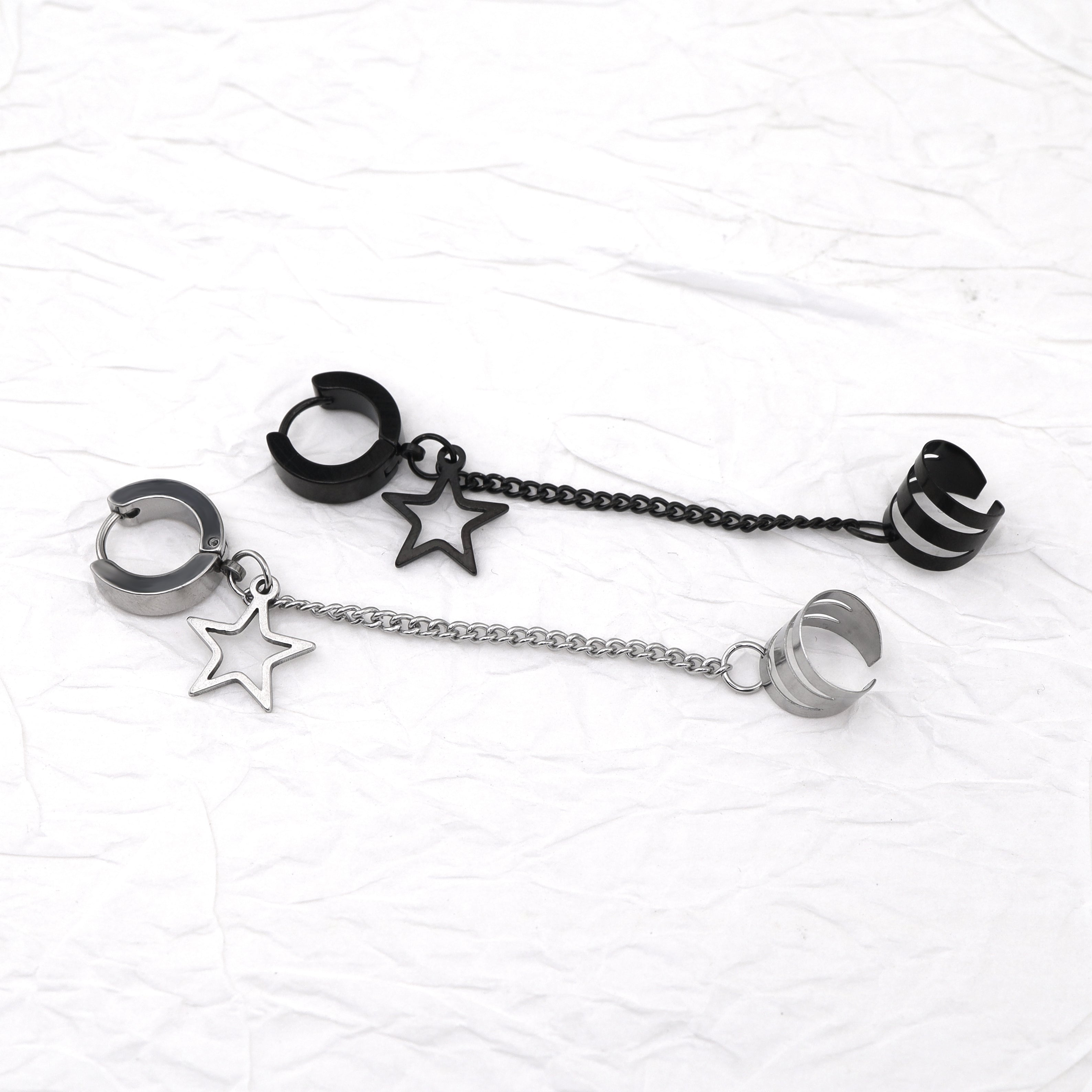 Black & White Chain Pentagram Stainless Steel Ear Clips