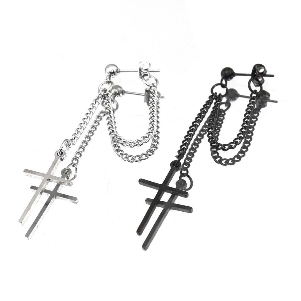 Silver & Black Cross Drop Chain tainless steel Ear Studs