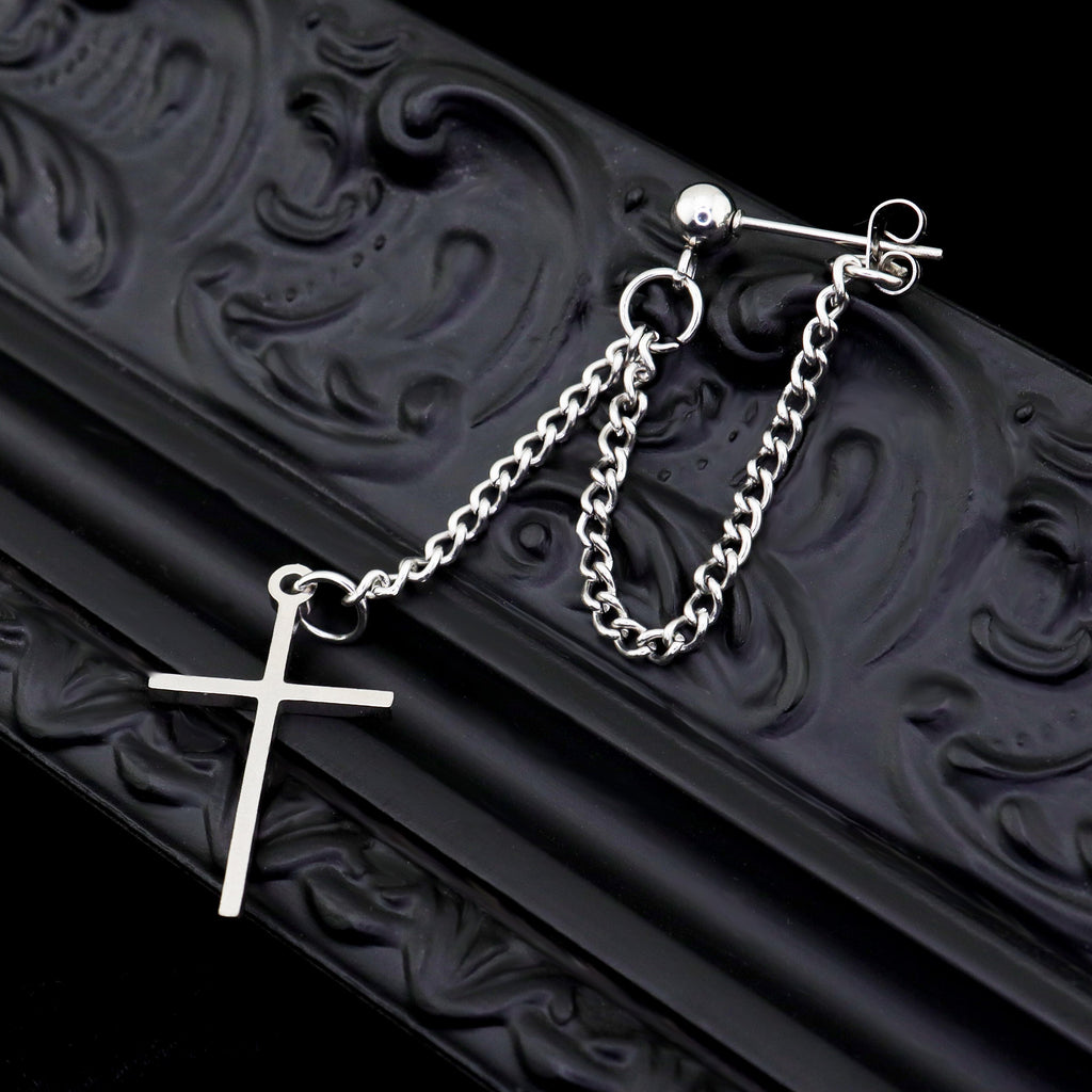 Silver & Black Cross Drop Chain tainless steel Ear Studs