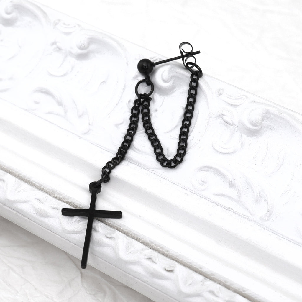 Silver & Black Cross Drop Chain tainless steel Ear Studs