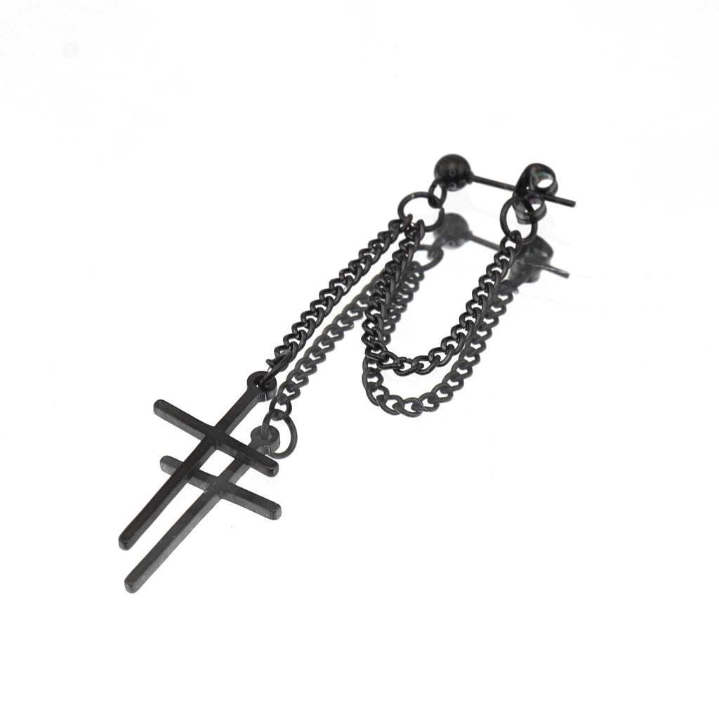 Silver & Black Cross Drop Chain tainless steel Ear Studs