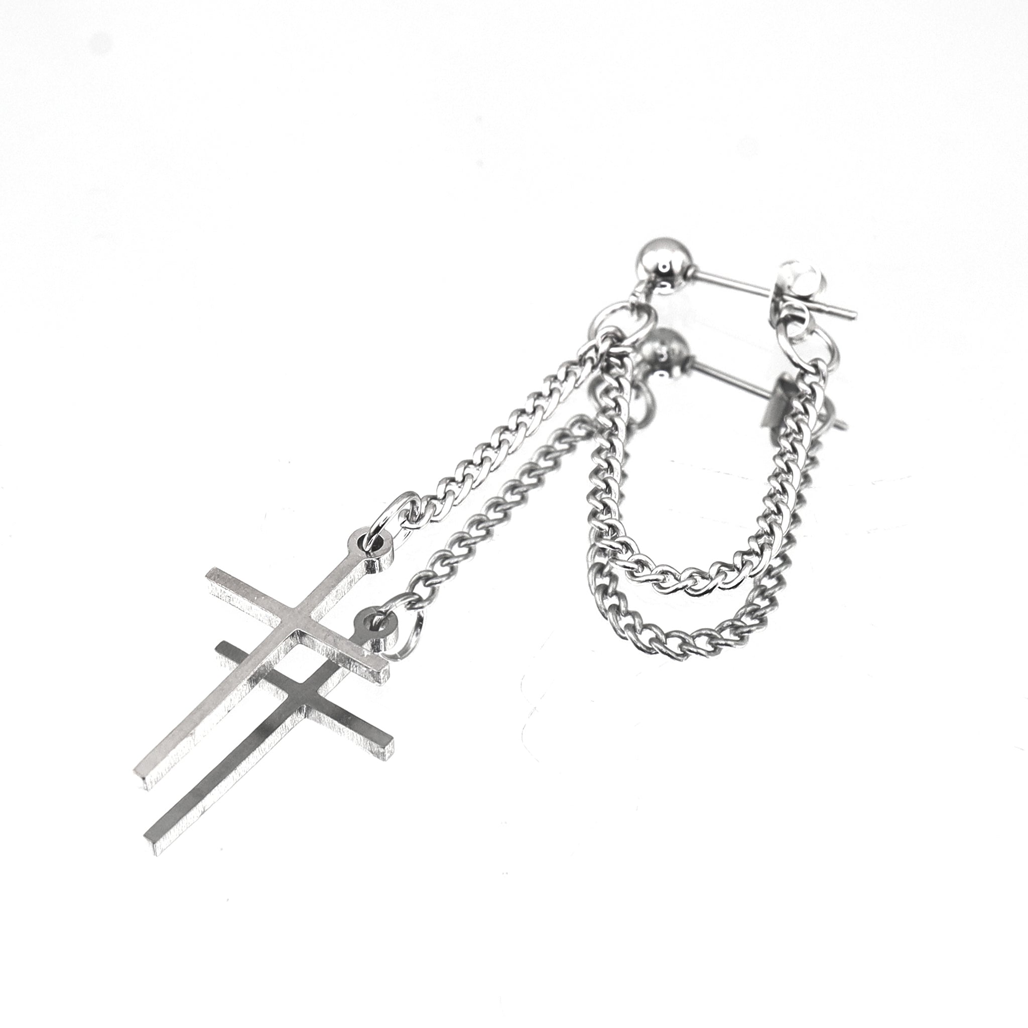 Silver & Black Cross Drop Chain tainless steel Ear Studs
