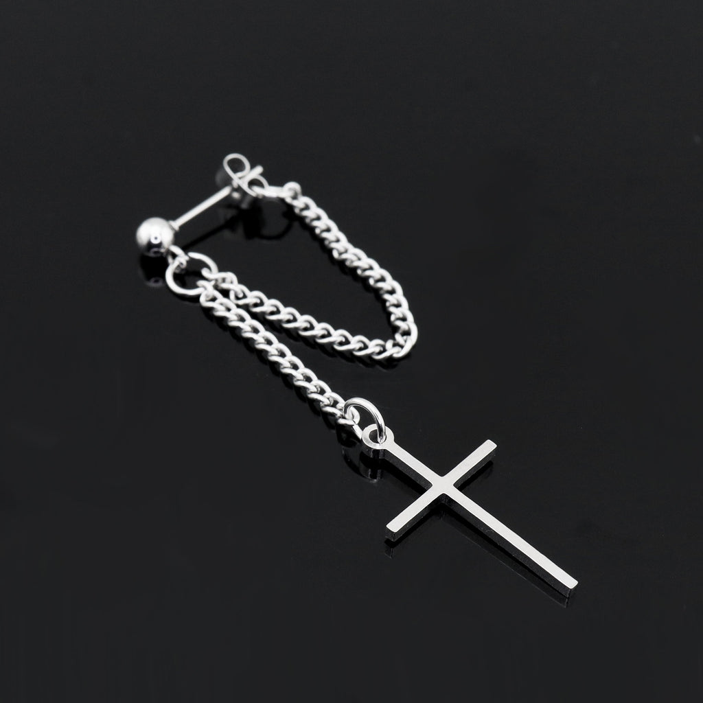 Silver & Black Cross Drop Chain tainless steel Ear Studs