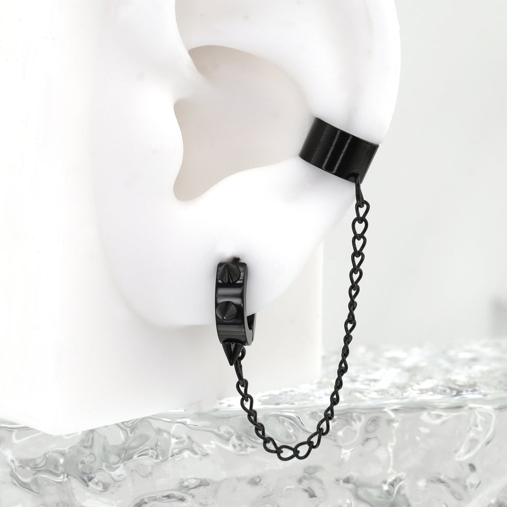 Black Six-Spike Chain Ear Clips