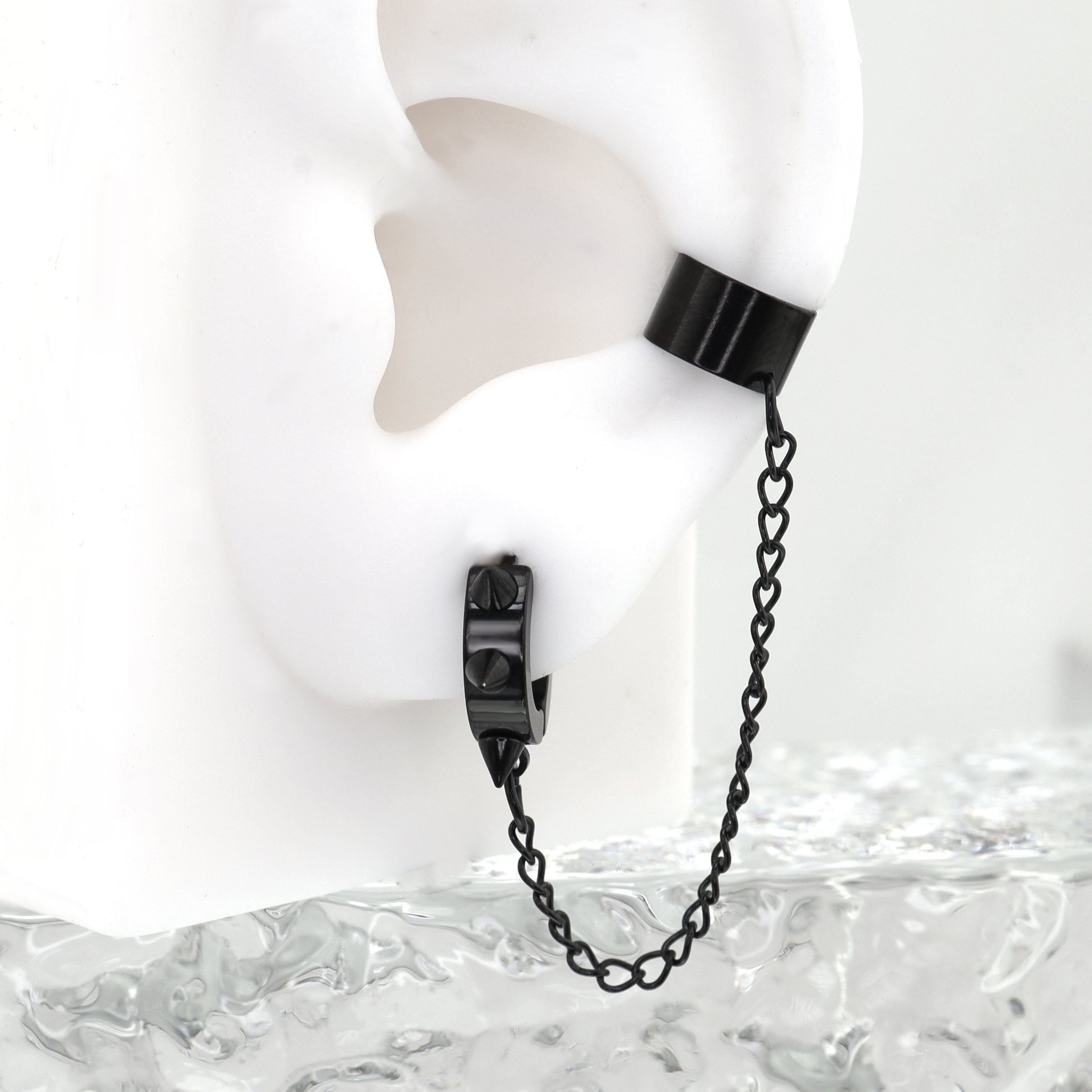Black Six-Spike Chain Ear Clips