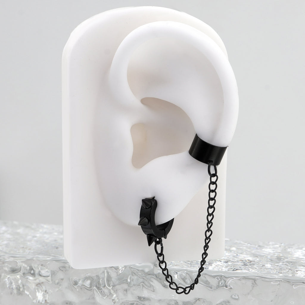 Black Six-Spike Chain Ear Clips