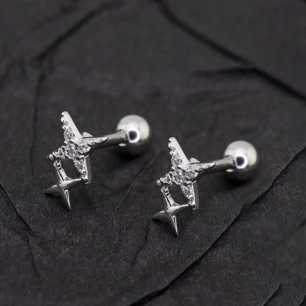 Double Four-Point Star CZ stainless steel Studs