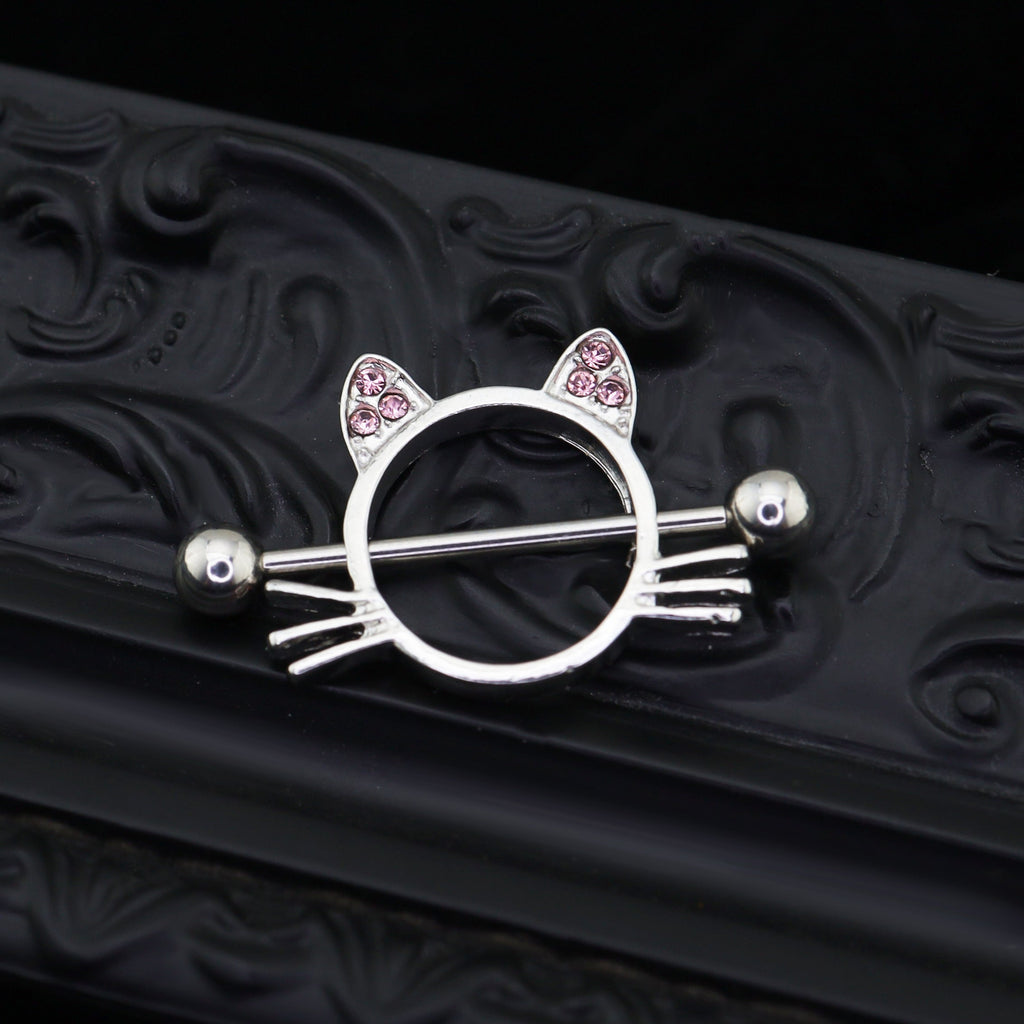 Pink CZ Cat Head stainless steel Nipple Rings