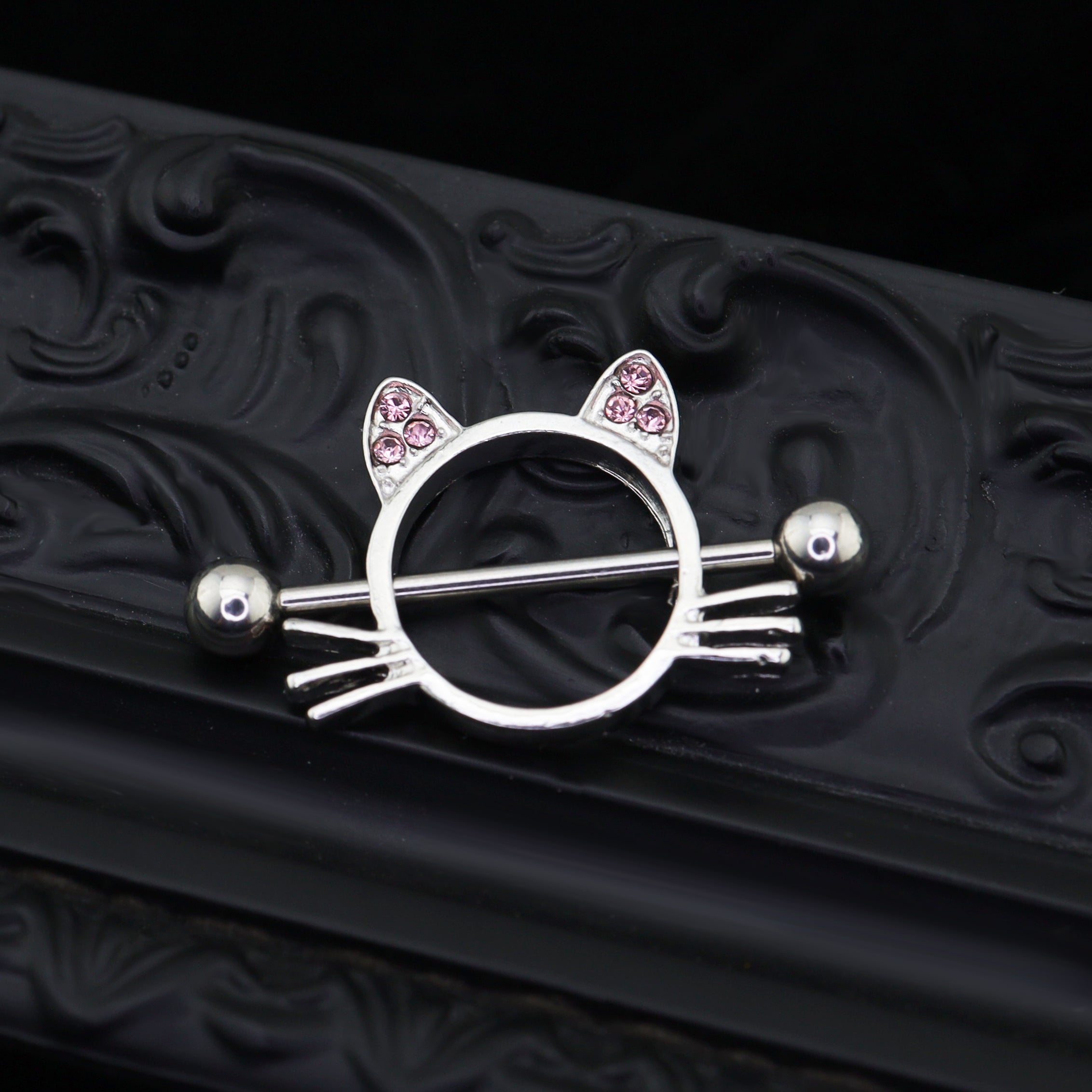 Pink CZ Cat Head stainless steel Nipple Rings
