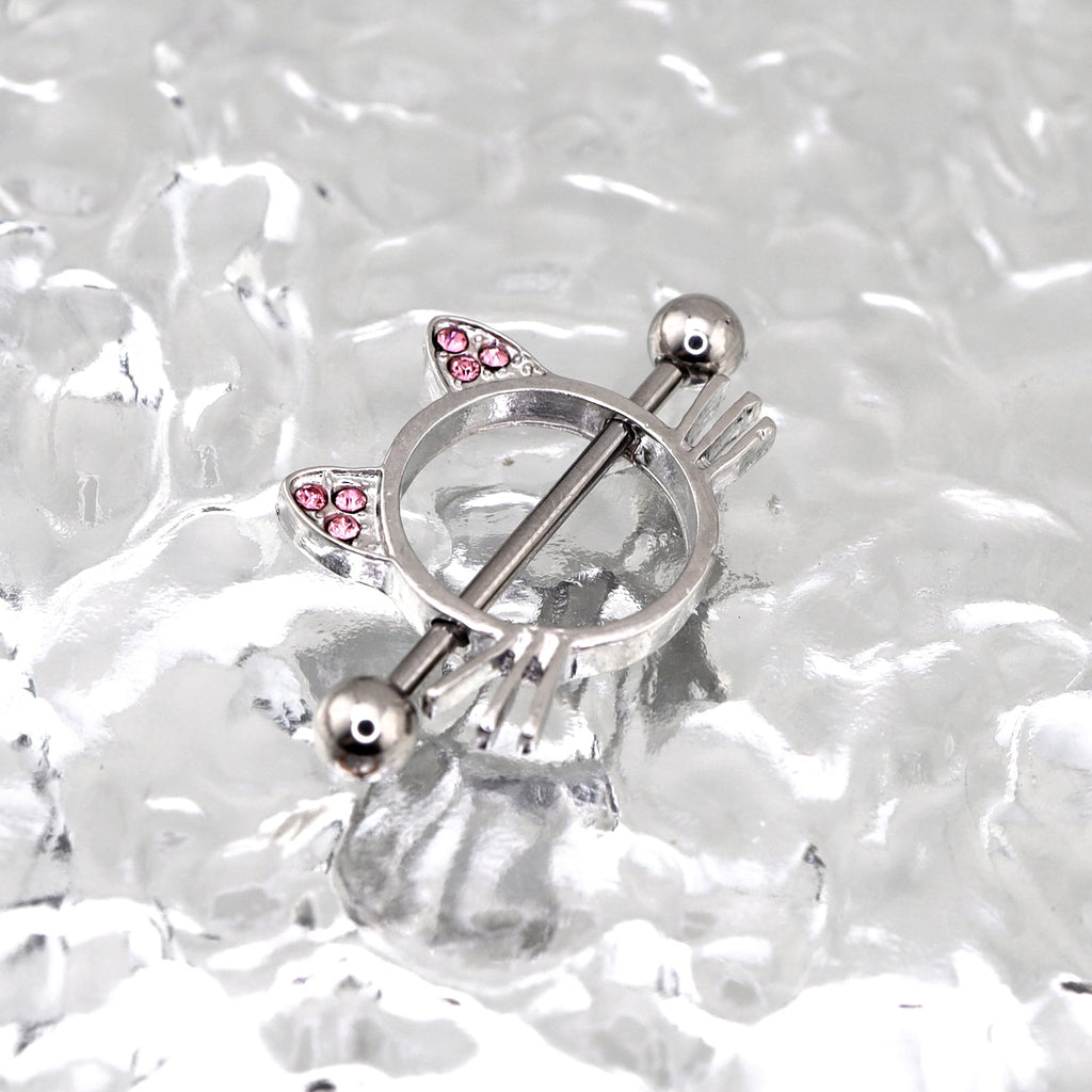 Pink CZ Cat Head stainless steel Nipple Rings
