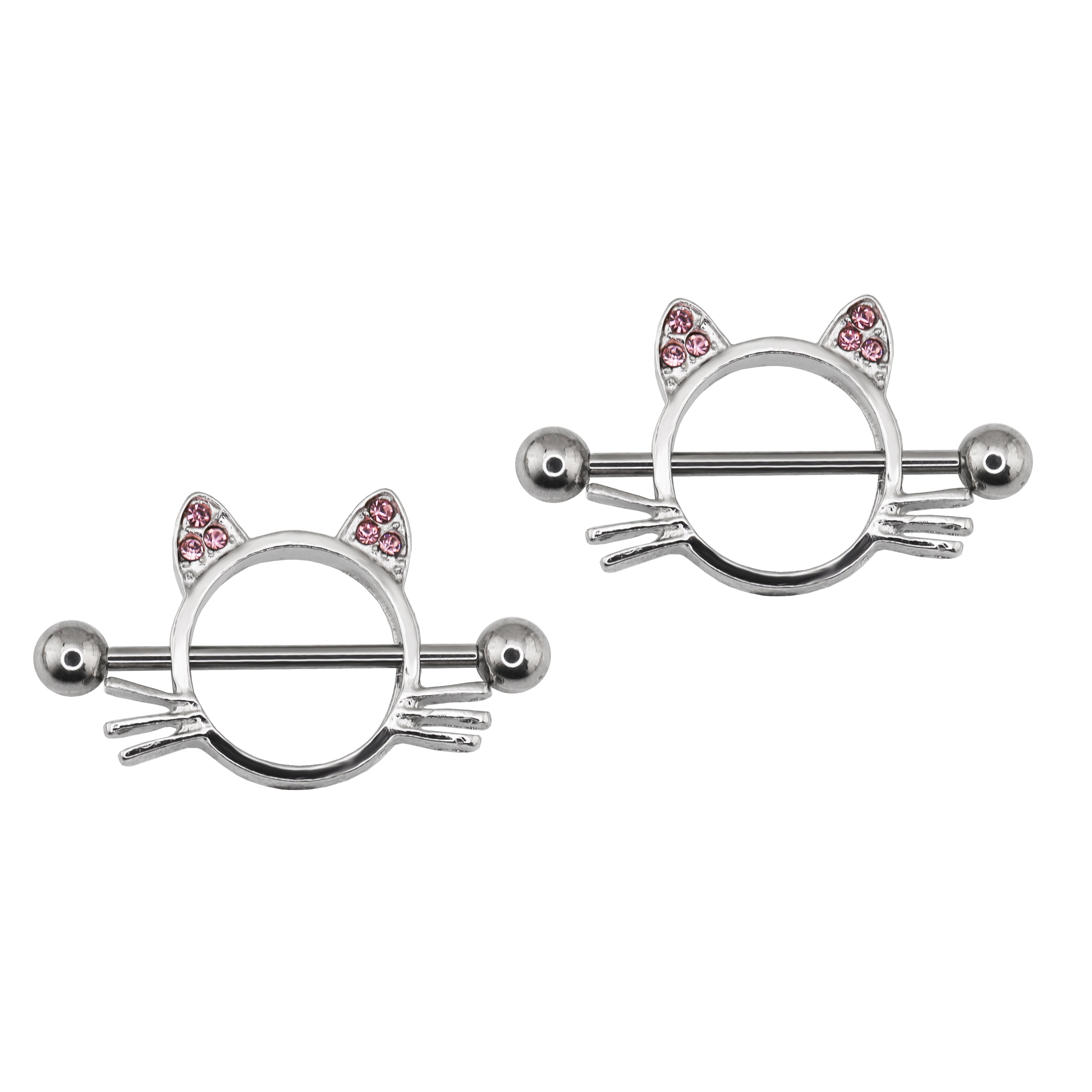 Pink CZ Cat Head stainless steel Nipple Rings