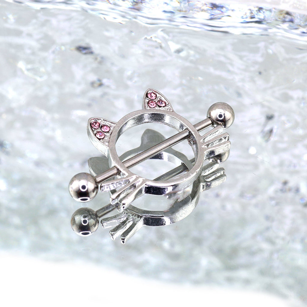 Pink CZ Cat Head stainless steel Nipple Rings