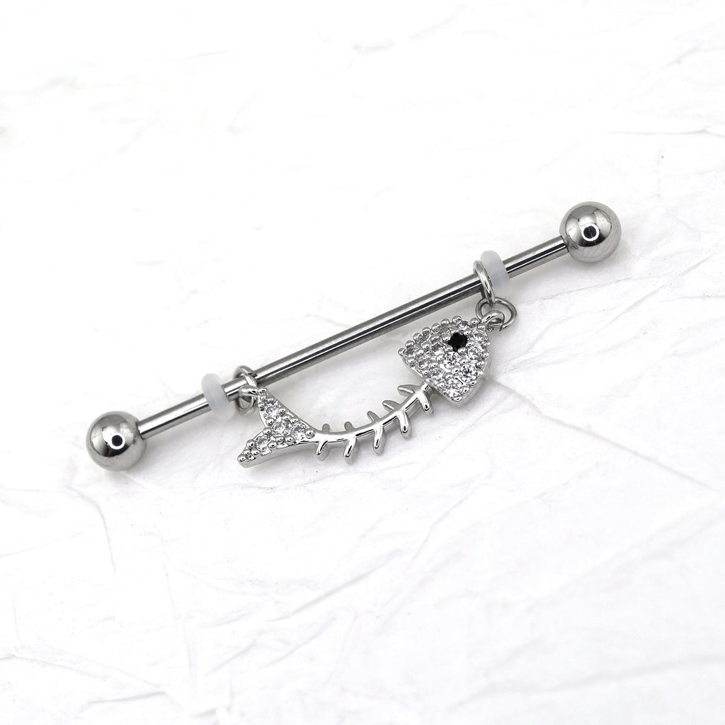 Fishbone CZ stainless steel Industrial Barbell
