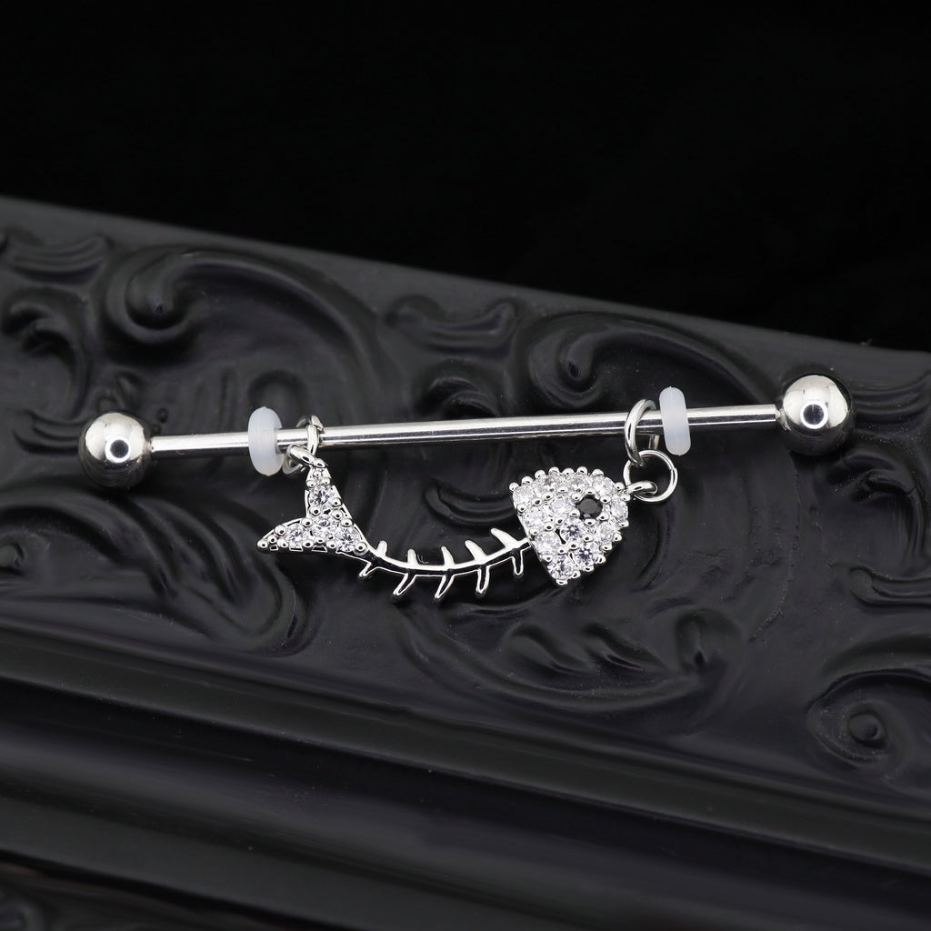 Fishbone CZ stainless steel Industrial Barbell