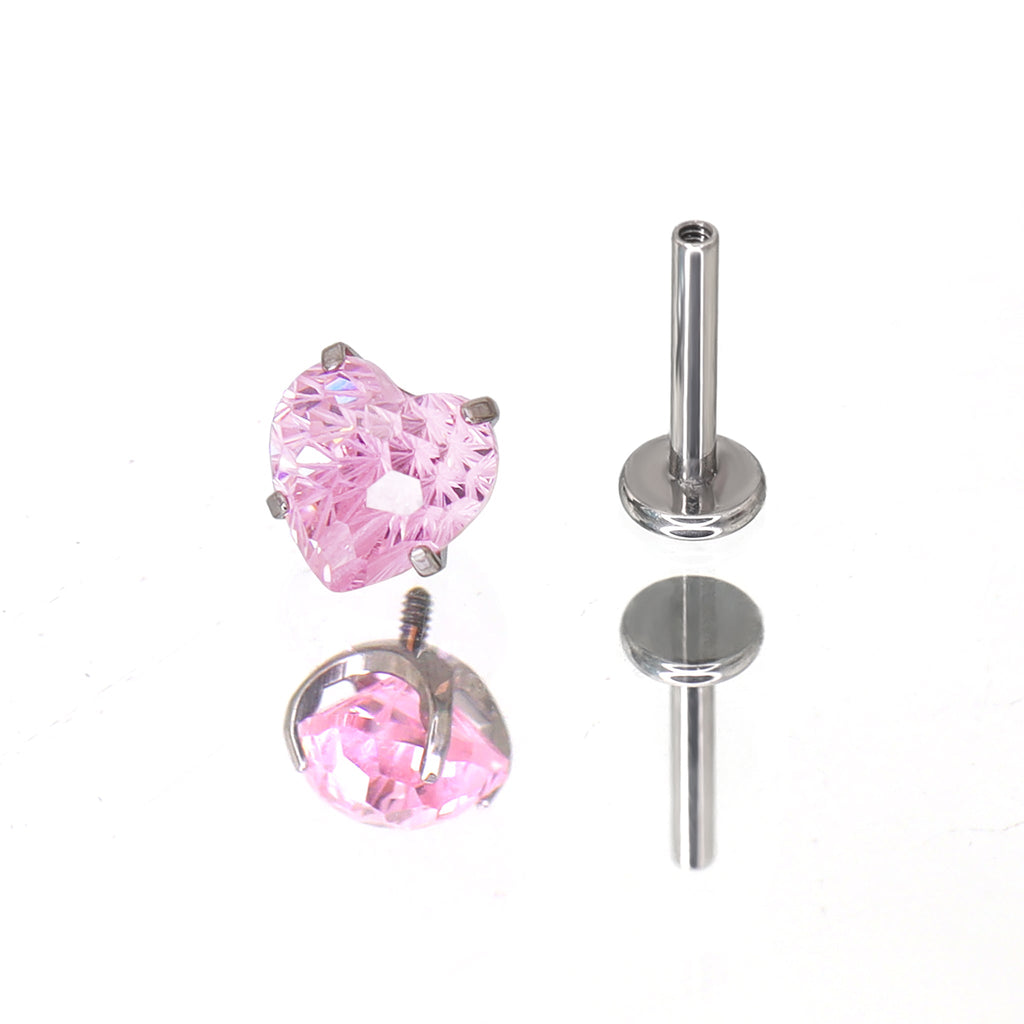 Pink Heart Firework-Cut Titanium Internally Threaded Studs