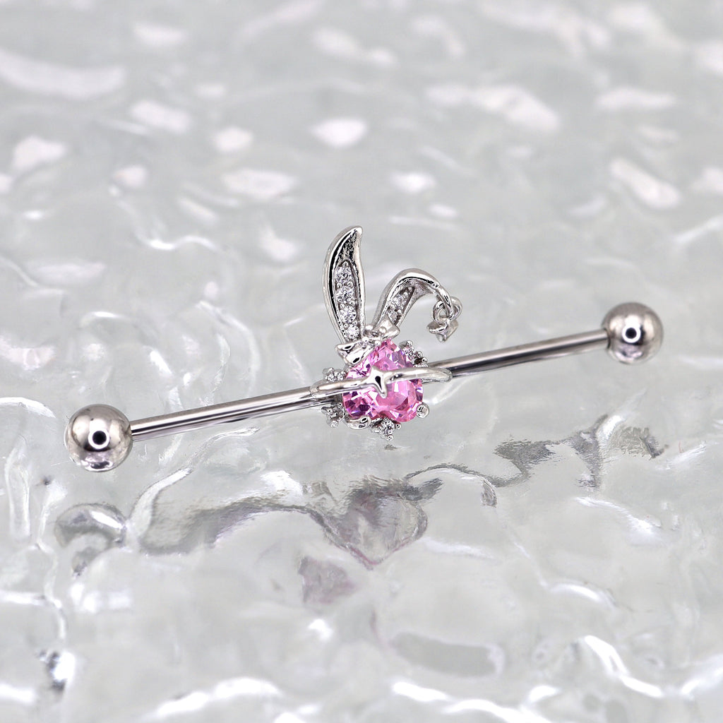 Pink CZ Bunny stainless steel Industrial Barbell