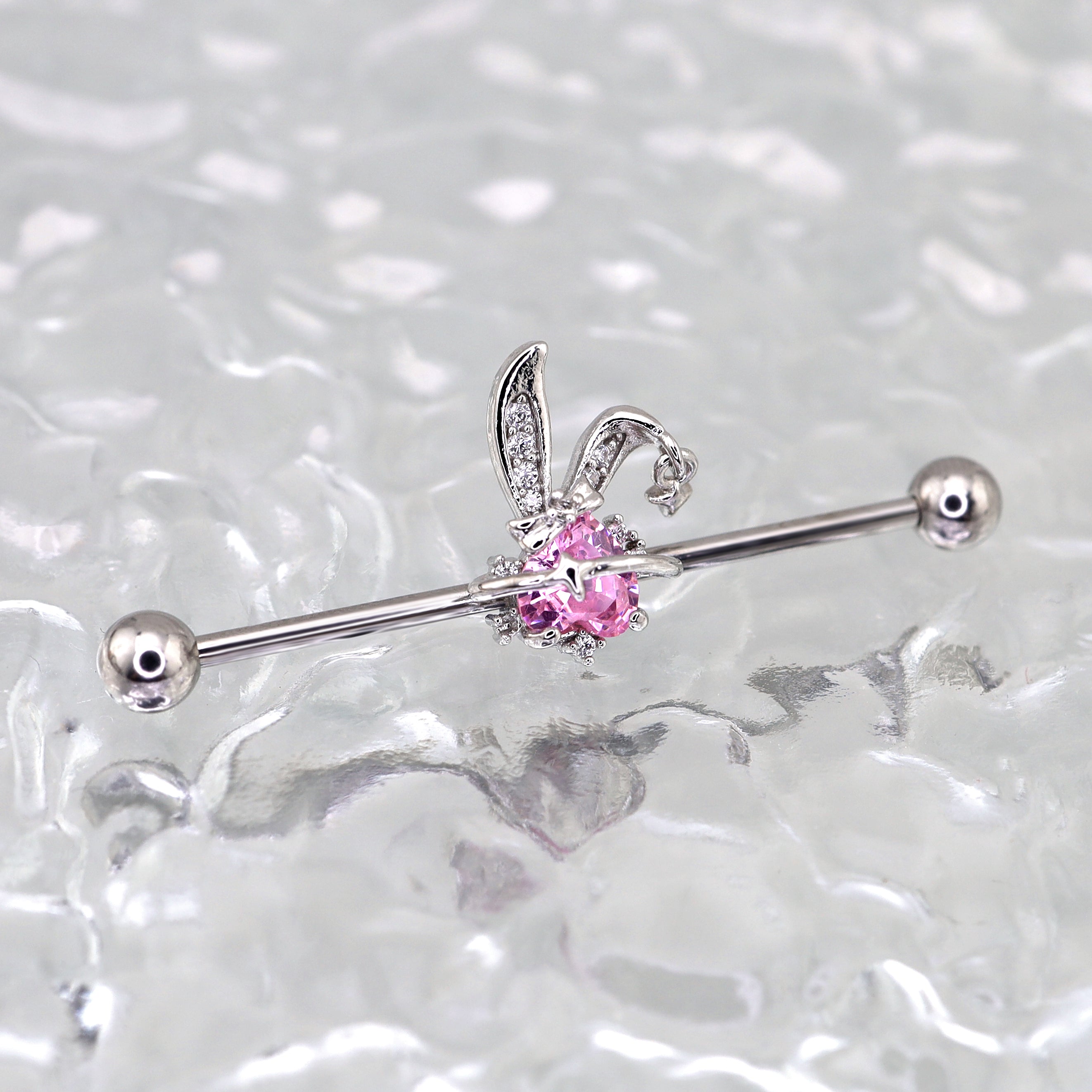 Pink CZ Bunny stainless steel Industrial Barbell