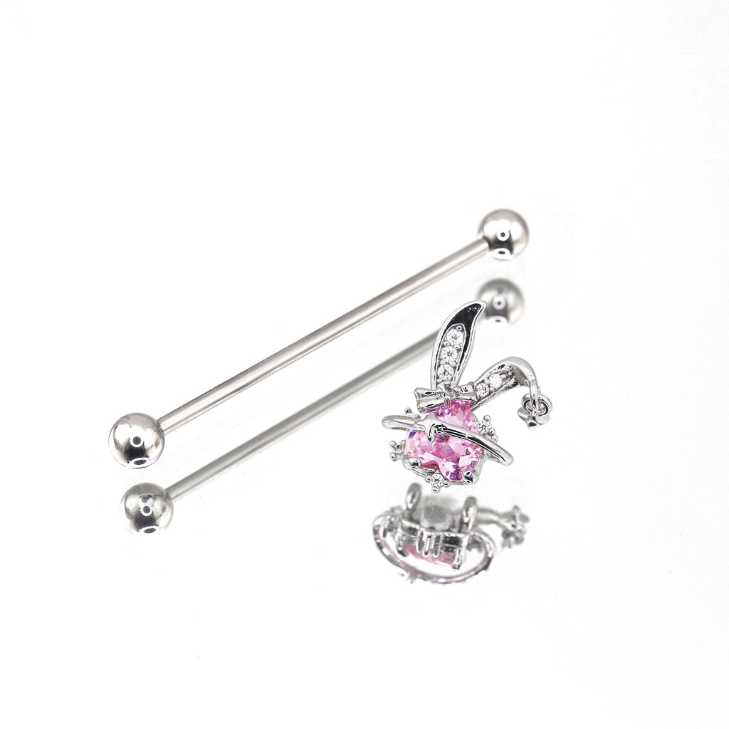 Pink CZ Bunny stainless steel Industrial Barbell