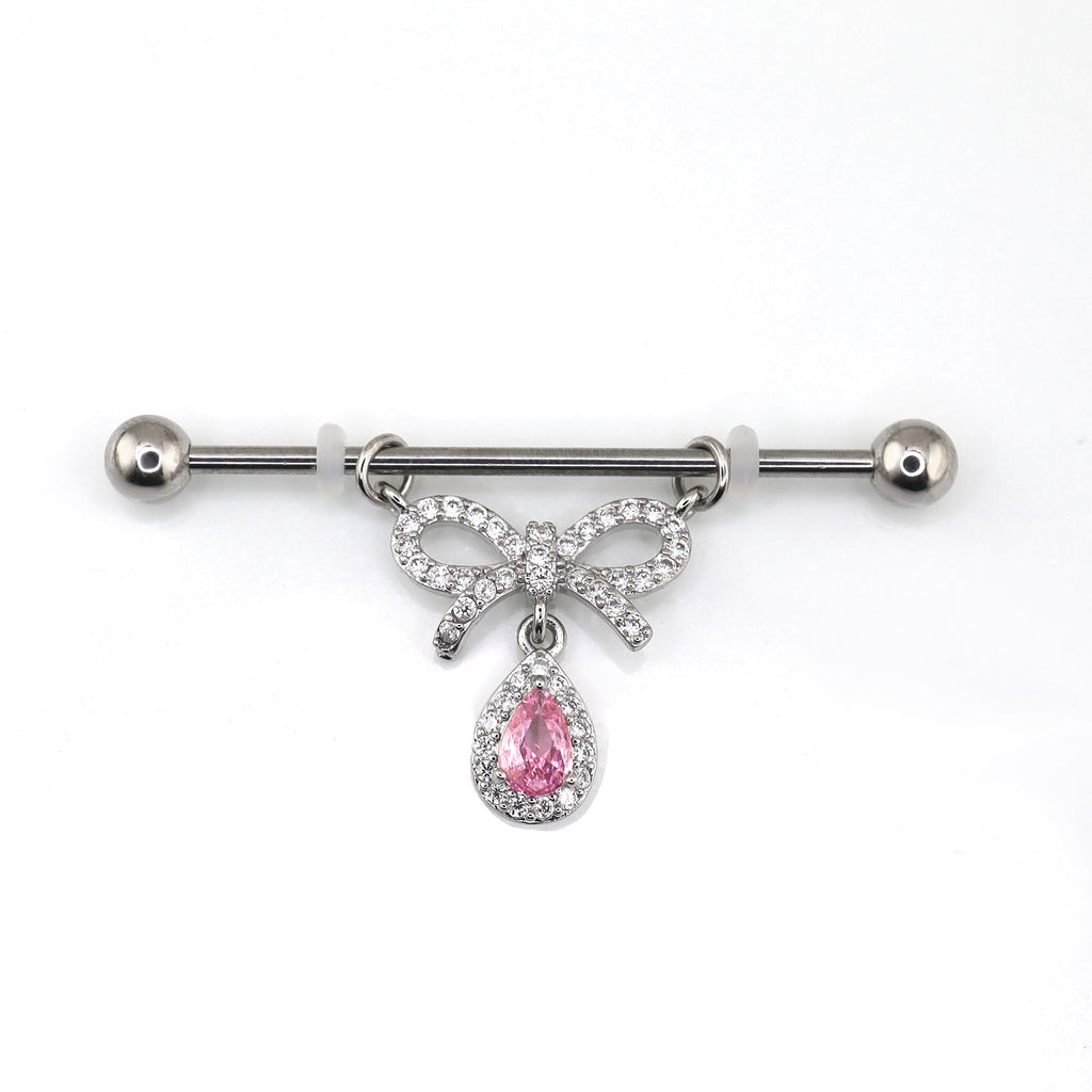 Pink CZ Bow Pendant stainless steel Industrial Barbell