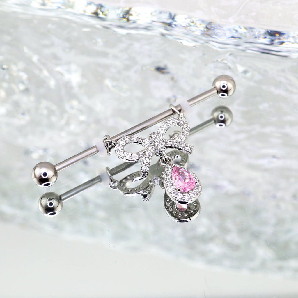 Pink CZ Bow Pendant stainless steel Industrial Barbell