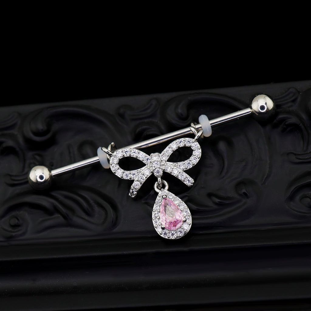Pink CZ Bow Pendant stainless steel Industrial Barbell