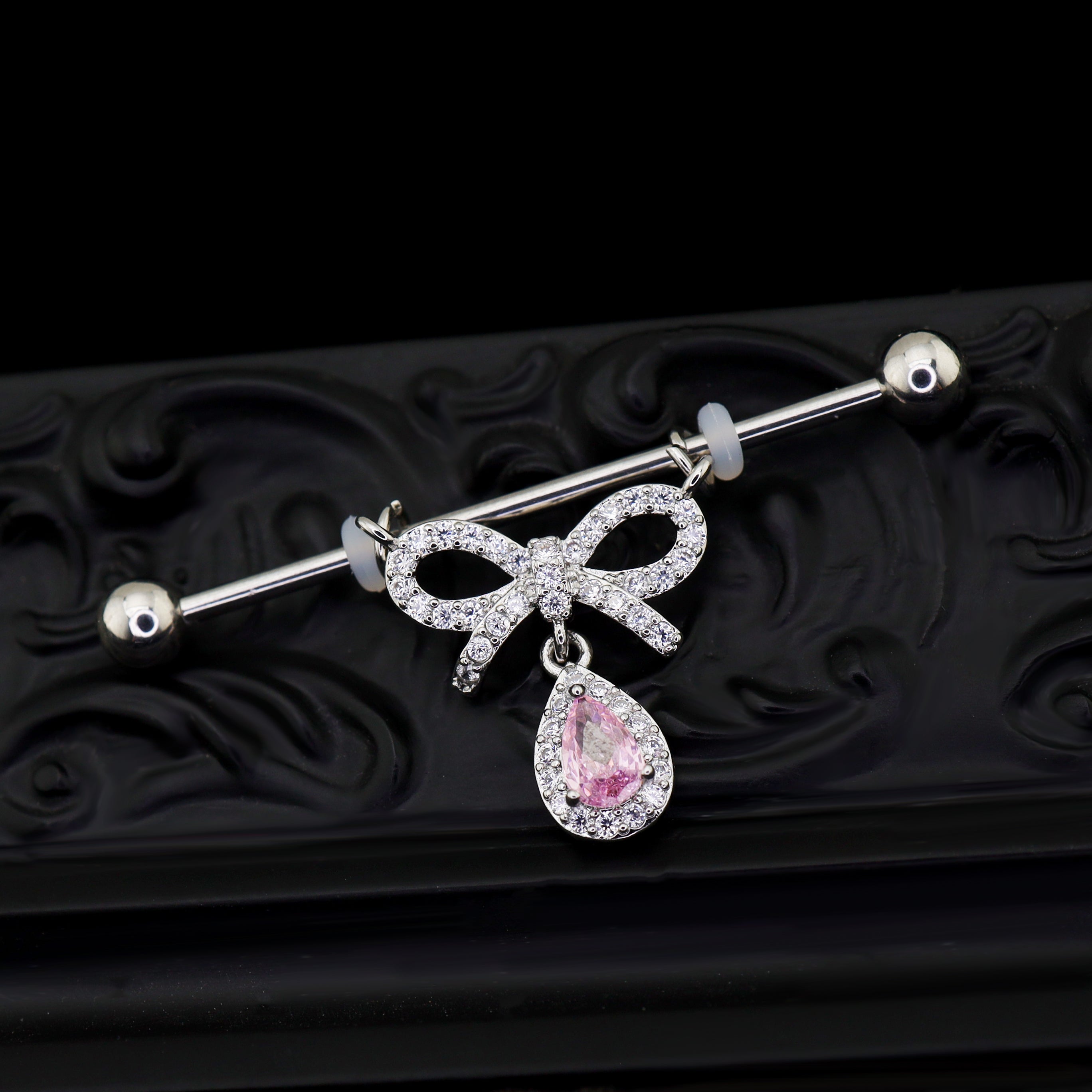 Pink CZ Bow Pendant stainless steel Industrial Barbell
