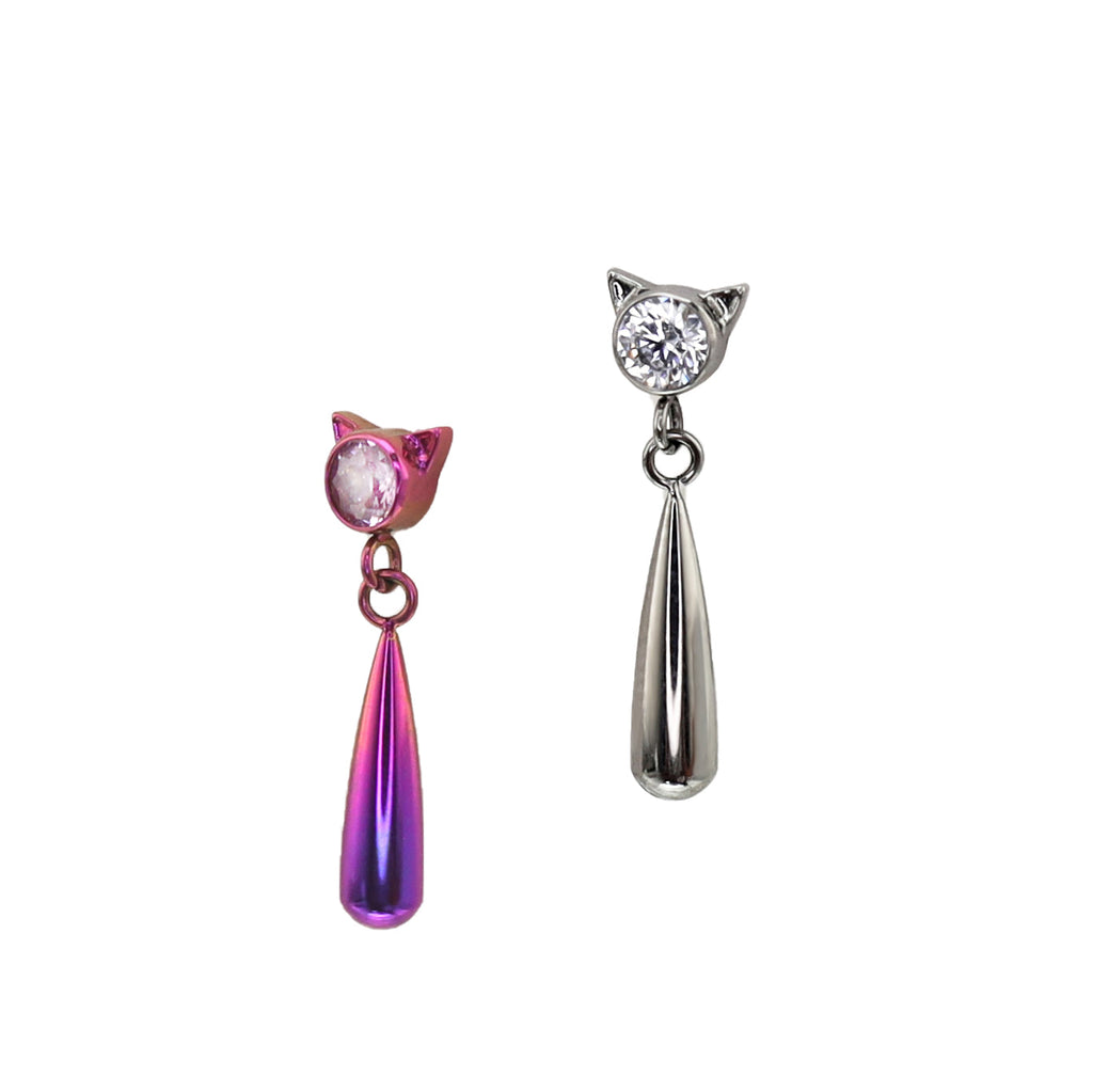 Cat Pendant Teardrop Titanium Ear Studs
