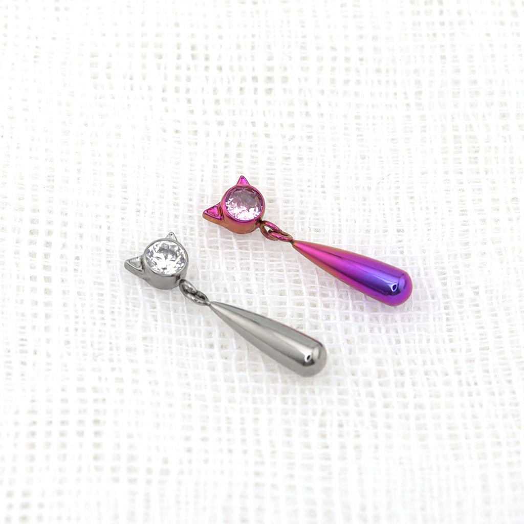 Cat Pendant Teardrop Titanium Ear Studs
