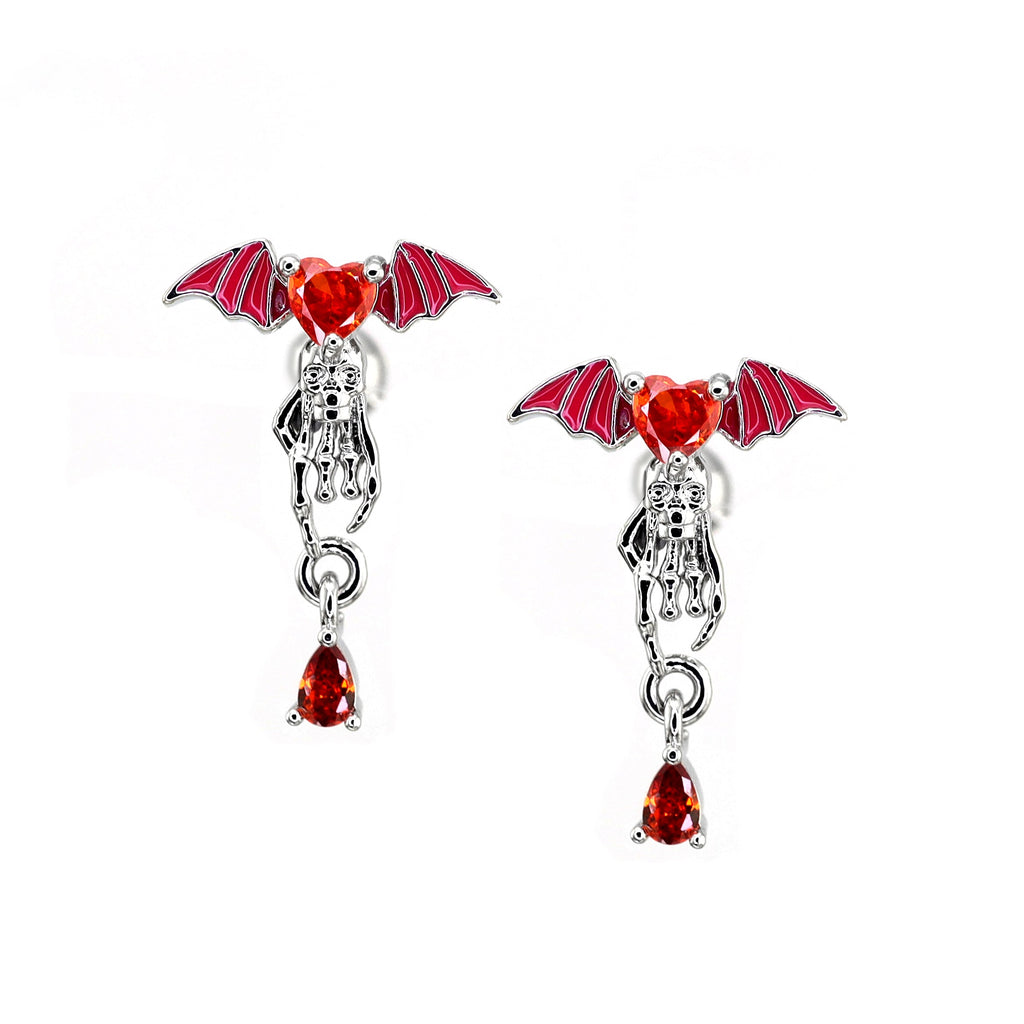 Red CZ Bat & Skull Dangle Ear Studs