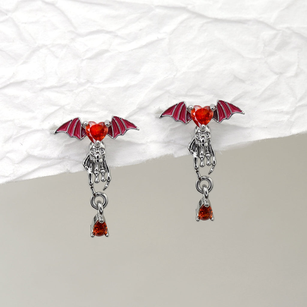 Red CZ Bat & Skull Dangle Ear Studs