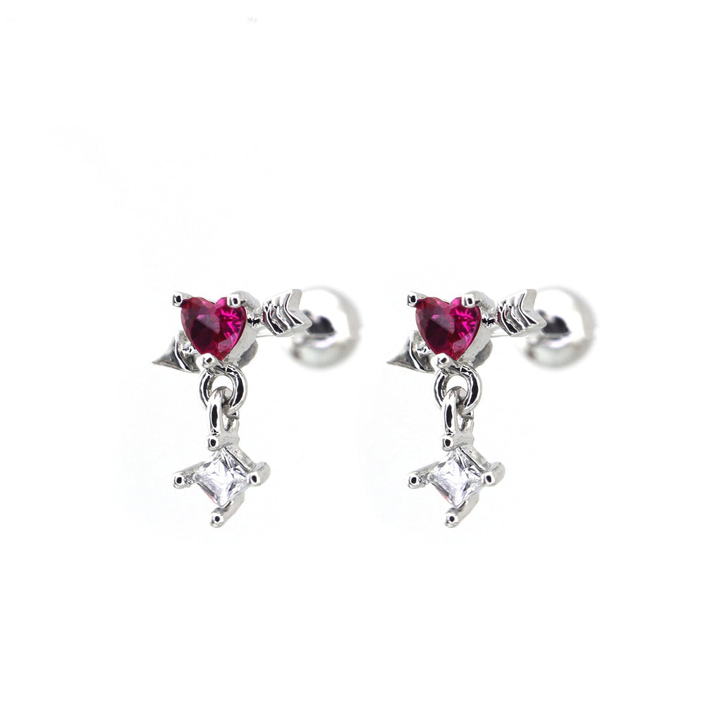 20G Arrow Through Pink Heart CZ Dangle Ear Studs