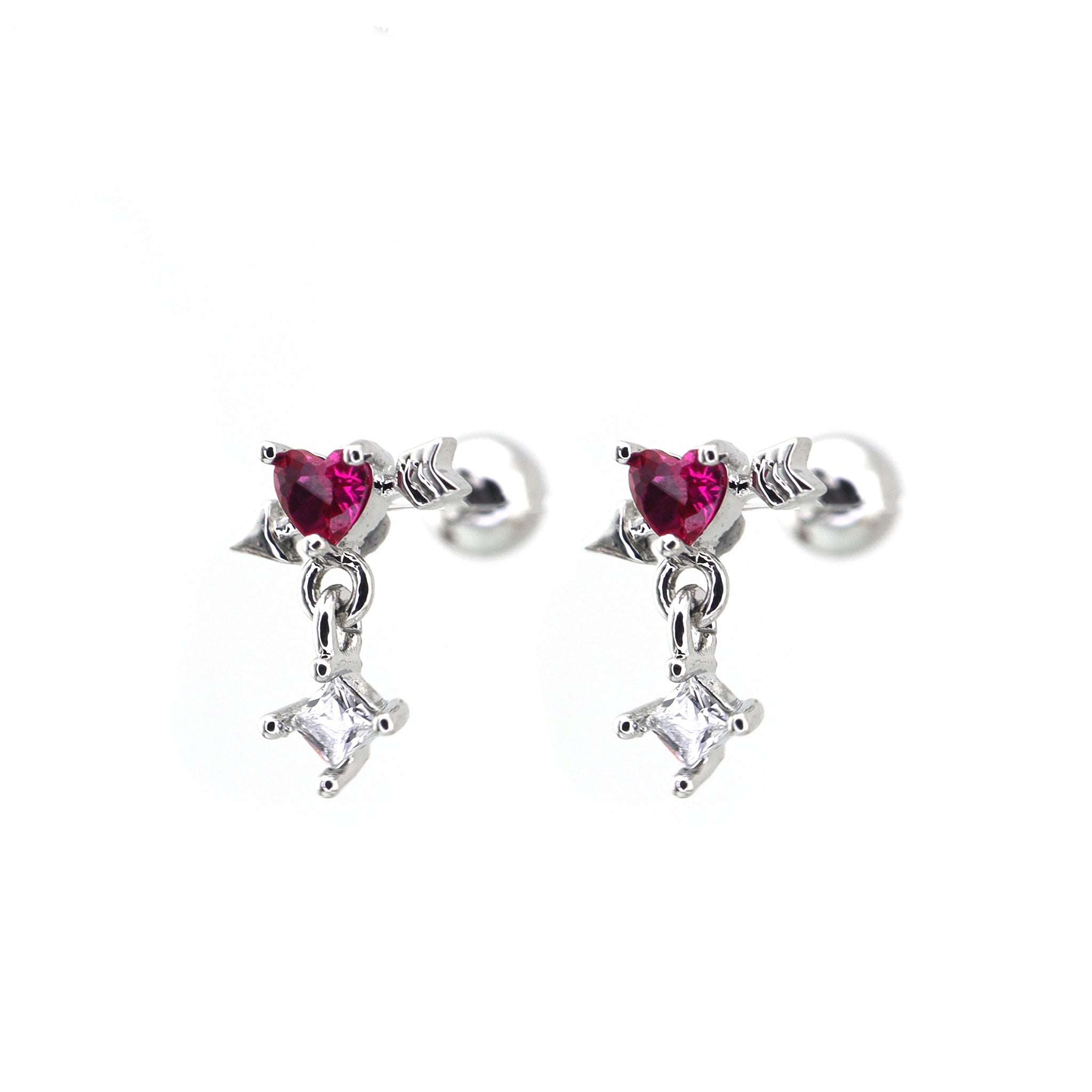 20G Arrow Through Pink Heart CZ Dangle Ear Studs