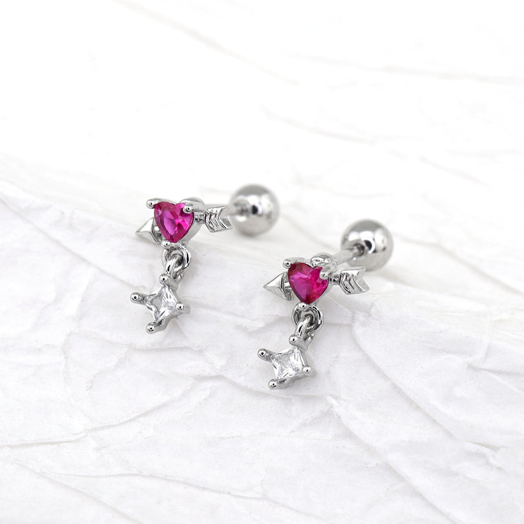 20G Arrow Through Pink Heart CZ Dangle Ear Studs