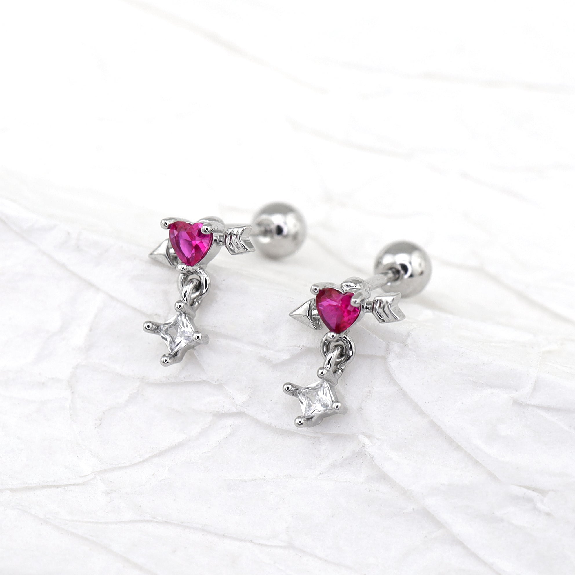 20G Arrow Through Pink Heart CZ Dangle Ear Studs