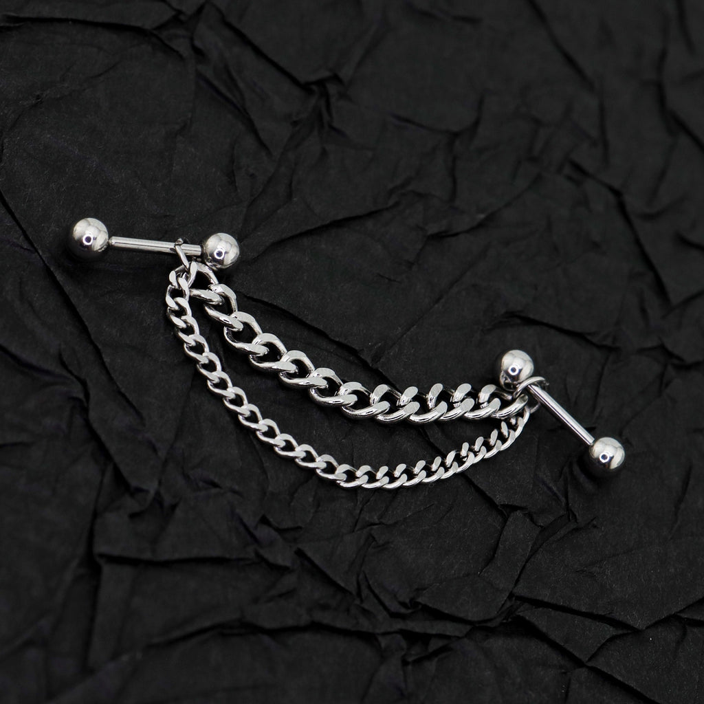Silver Double Layer Chain stainless steel Ear Studs