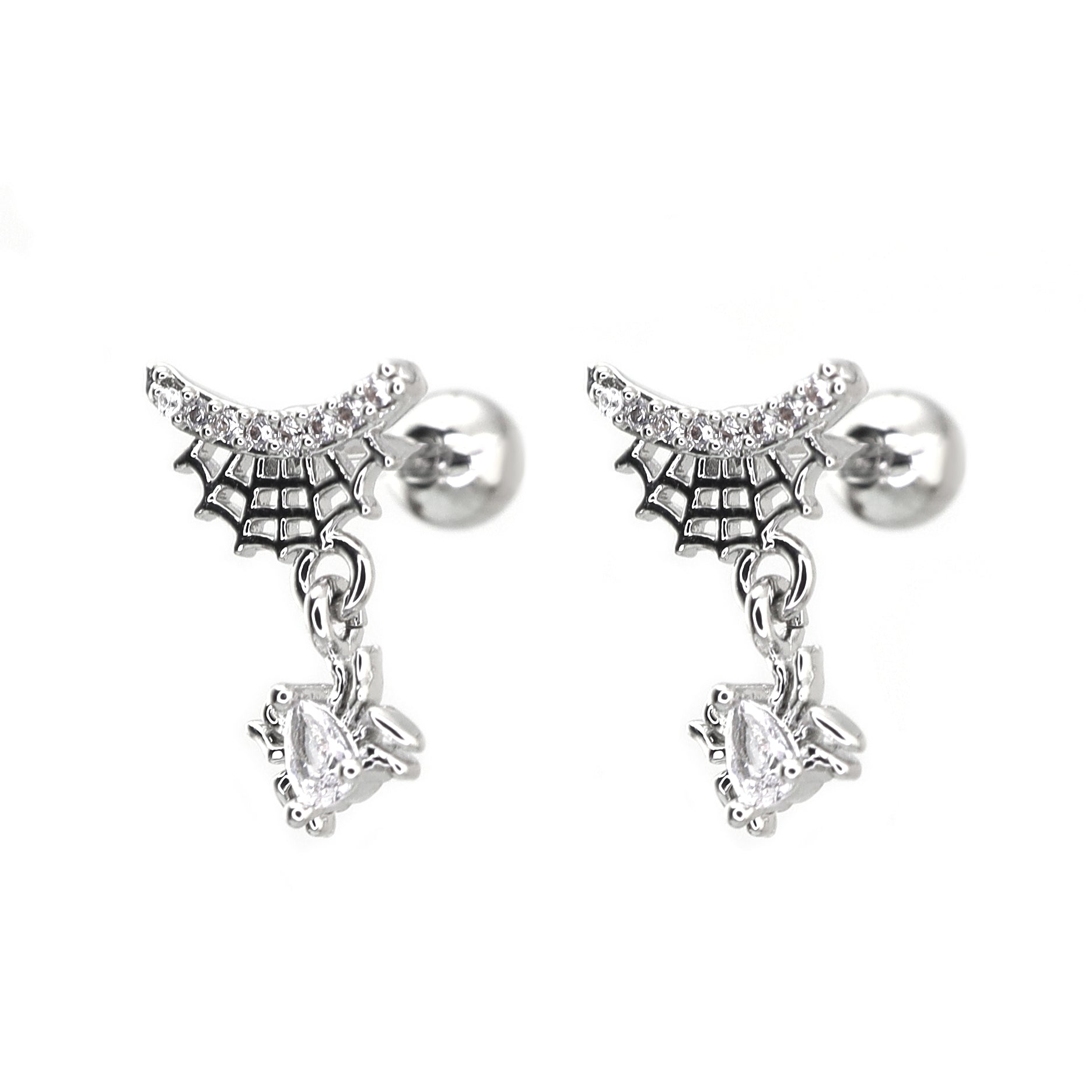 CZ Dangle Spider Web Thin Gauge Ear Studs