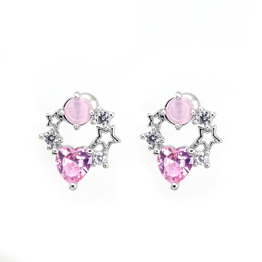 Pink CZ Cat's Eye Floral Halo Ear Studs