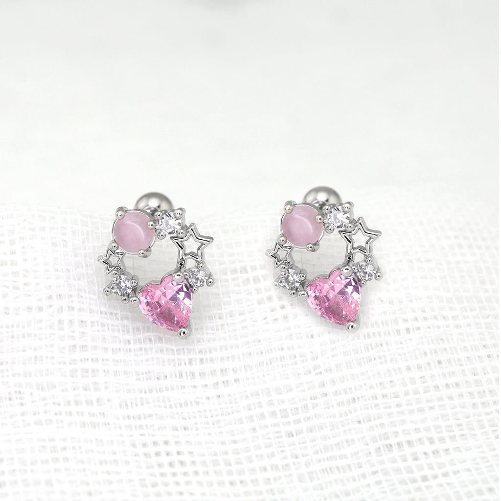 Pink CZ Cat's Eye Floral Halo Ear Studs