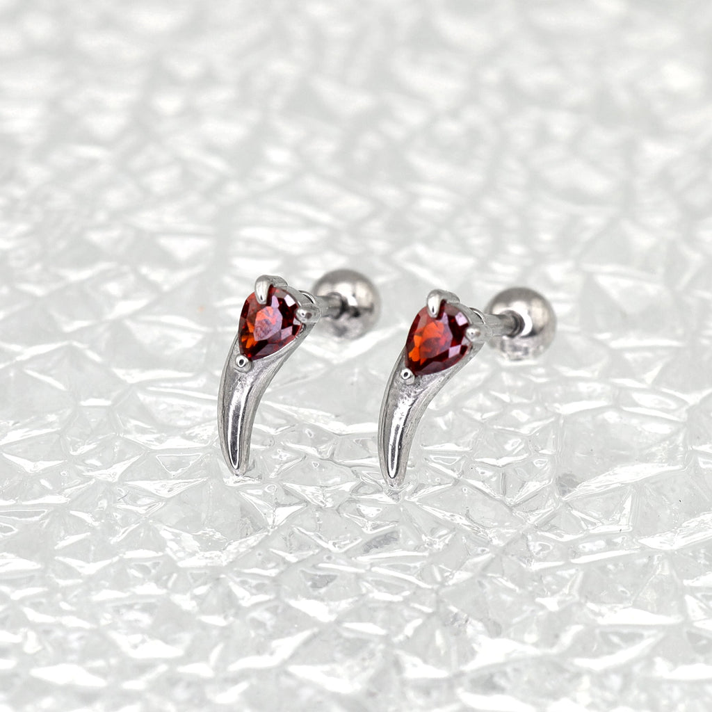 Heart Red CZ Dragon Fang stainless steel Ear Studs