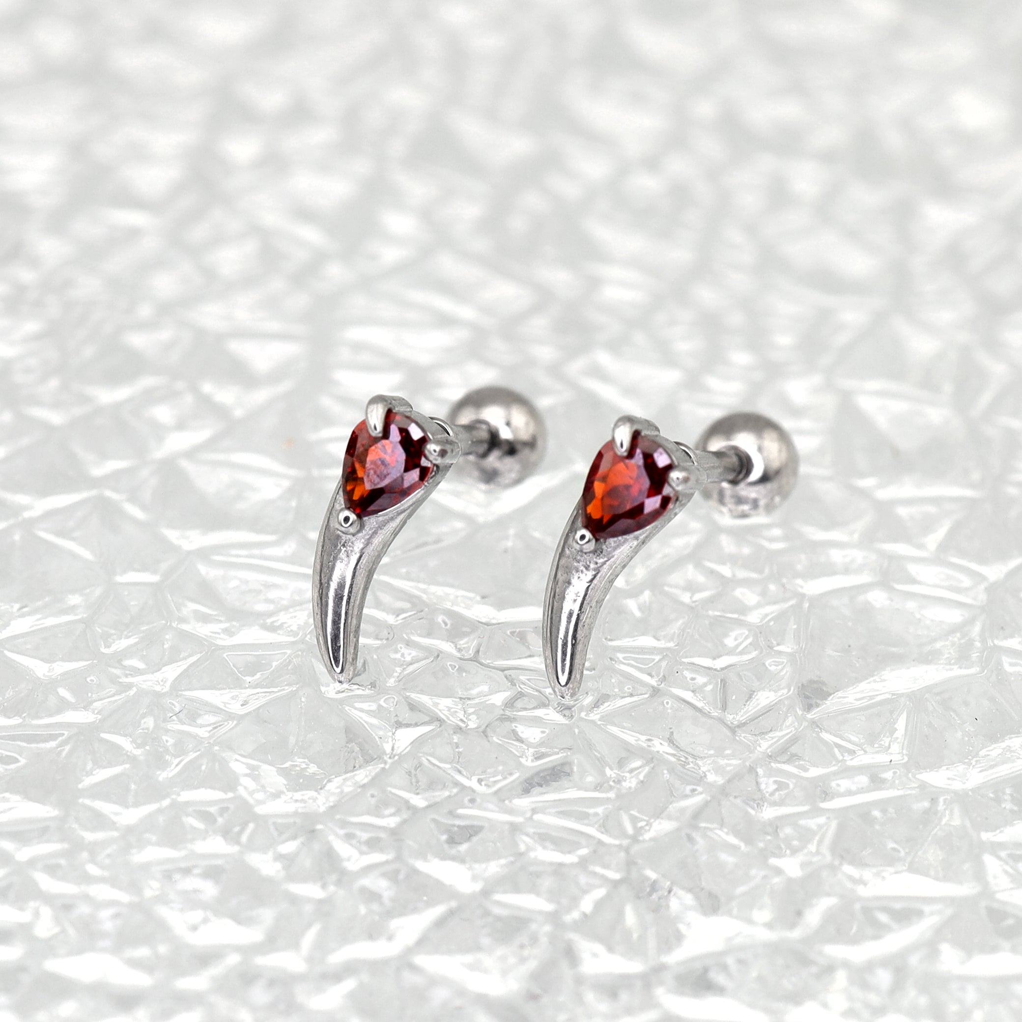 Heart Red CZ Dragon Fang stainless steel Ear Studs