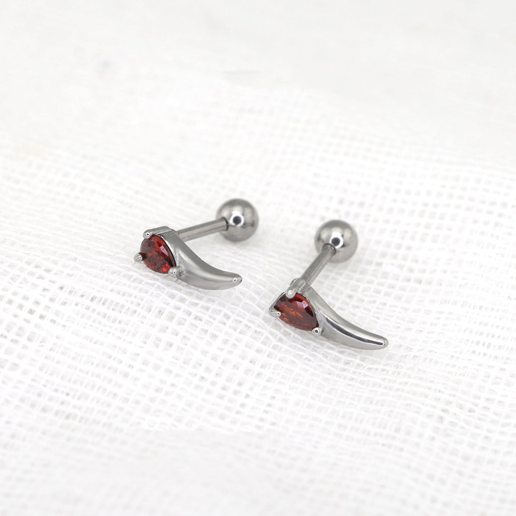 Heart Red CZ Dragon Fang stainless steel Ear Studs